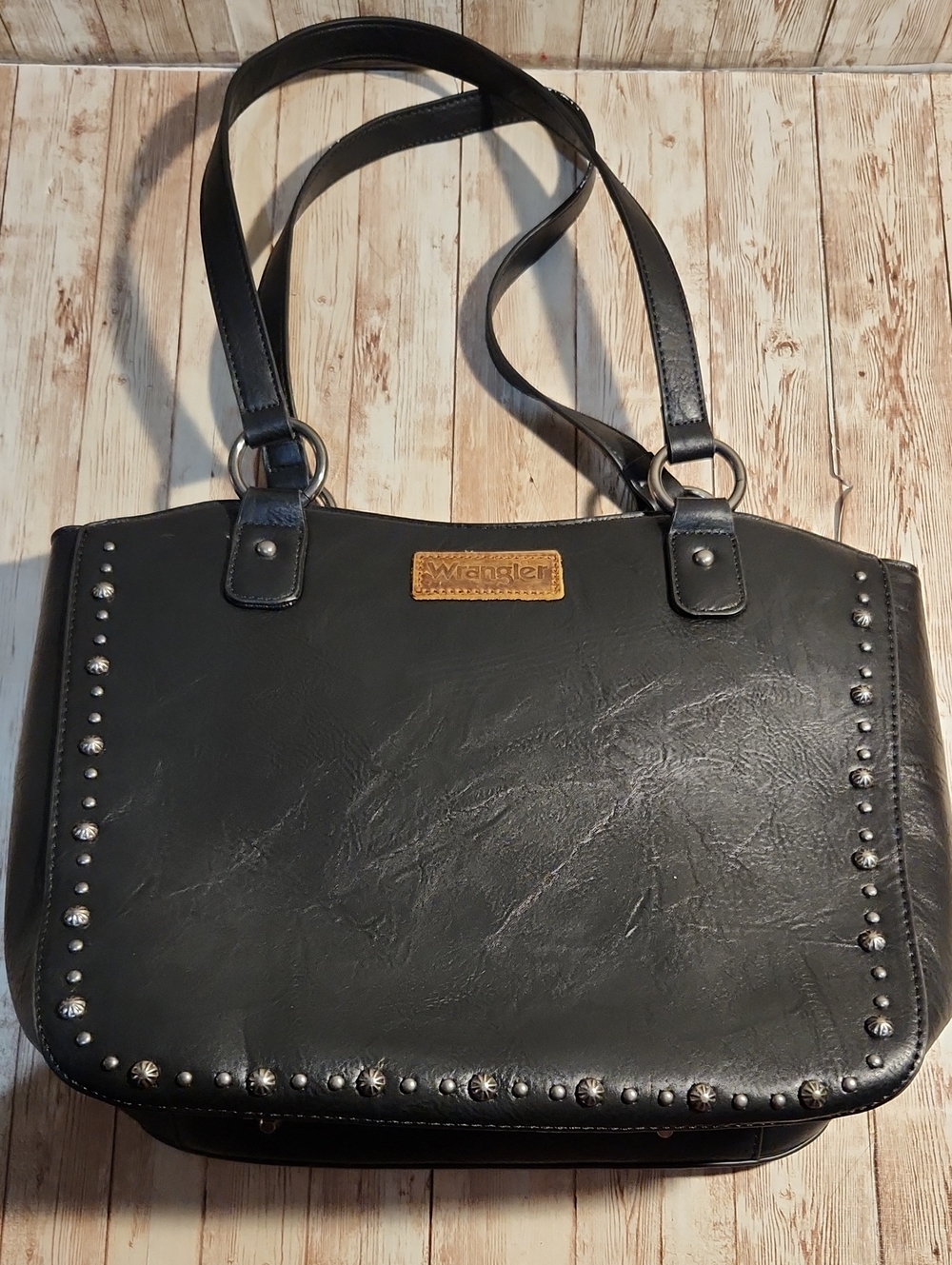 Wrangler Black Studded Shoulder Bag with Brown Logo Patch